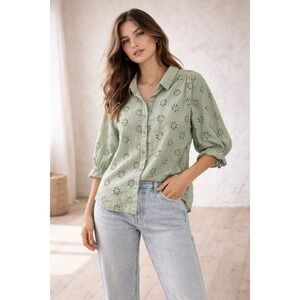 Davi & Dani Top Shirt Women Sz 3XL Green Eyelet 3/4 Sleeve Cotton Boho